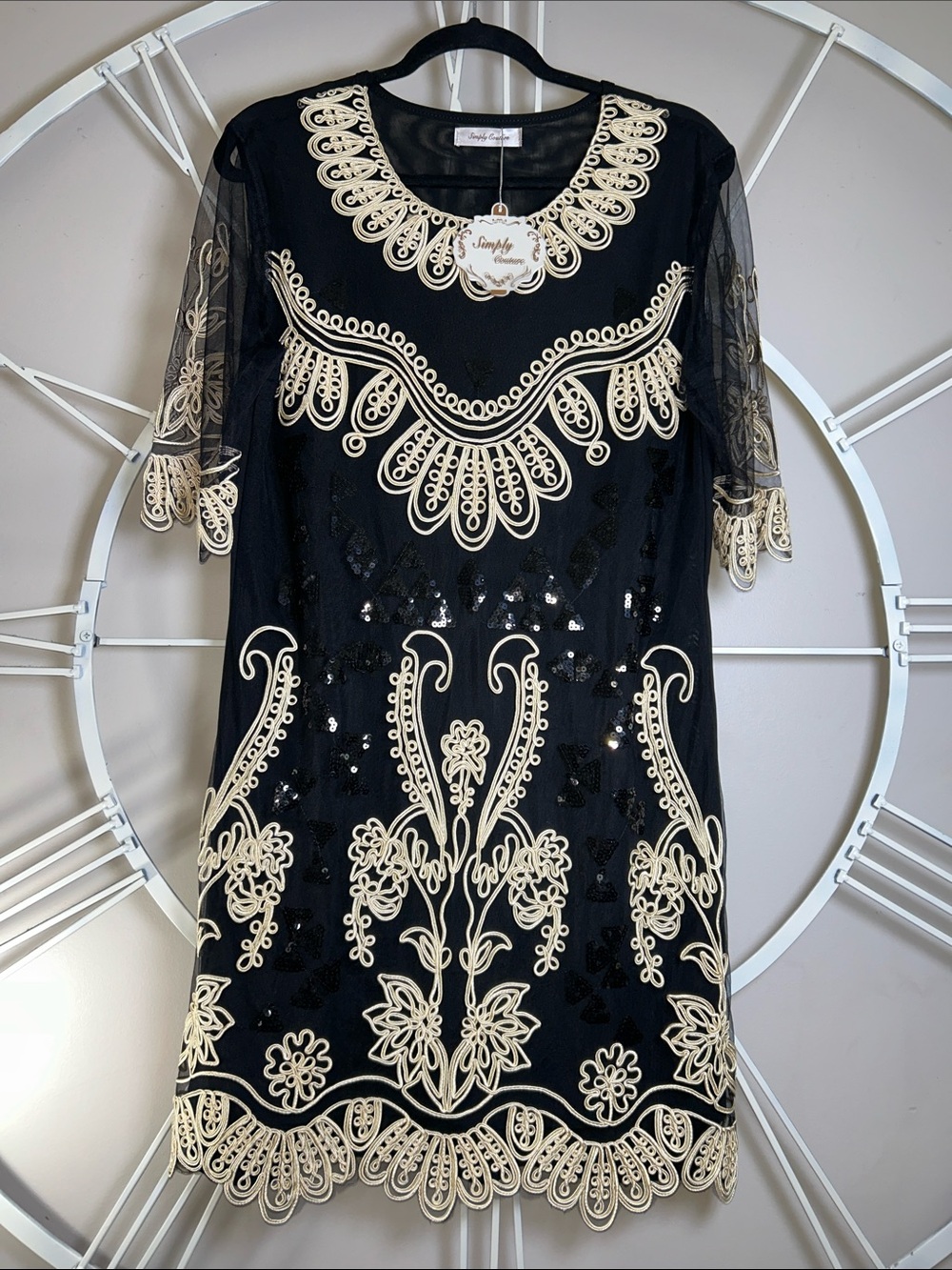 NWT Simply Couture Black Tunic Dress with Cream Embroidery and Sequins